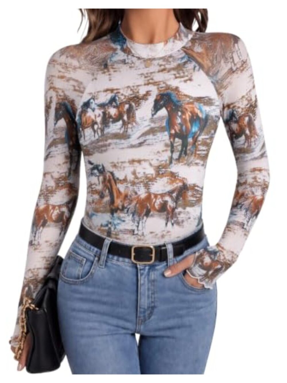Women's Floral Mesh Long Sleeve Mock Neck Double Lined Fitted Blouse